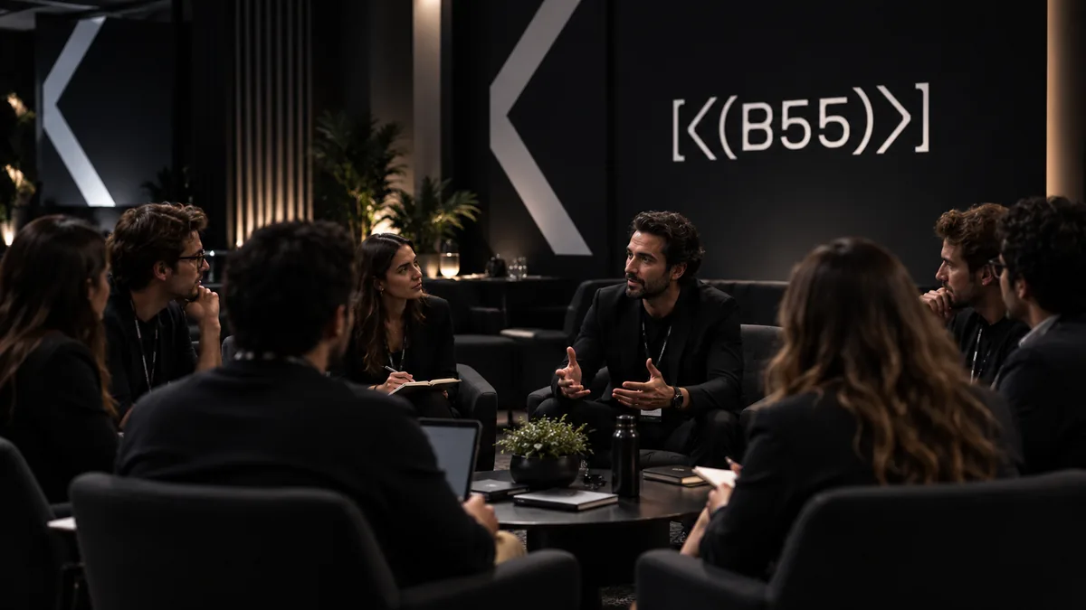 Grupo pequeno de empreendedores participa de uma sessão de mentoria durante uma conferência de negócios.