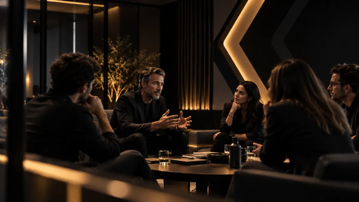 Sessão de mentoria em grupo pequeno durante conferência empresarial