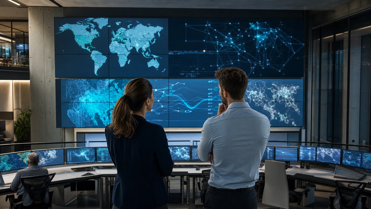 Aplicações de bancos de dados em serviços e empresas Ambiente corporativo de operações digitais com profissionais monitorando métricas em telas modulares