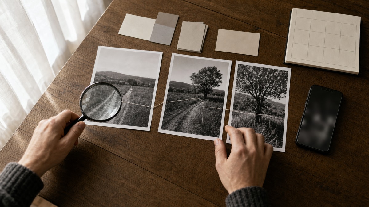 Pessoa comparando versões de uma fotografia para verificar sua origem e contexto
