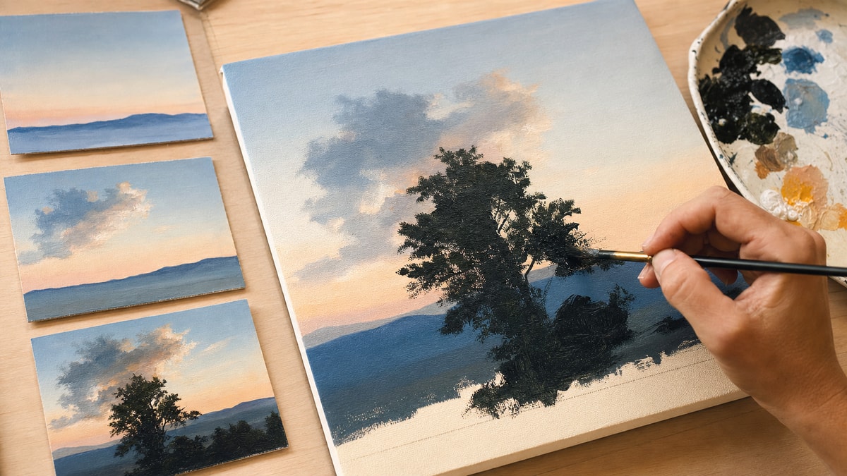 Construção de profundidade por camadas Etapas de camadas de tinta em uma paisagem simples com céu, nuvens e árvore