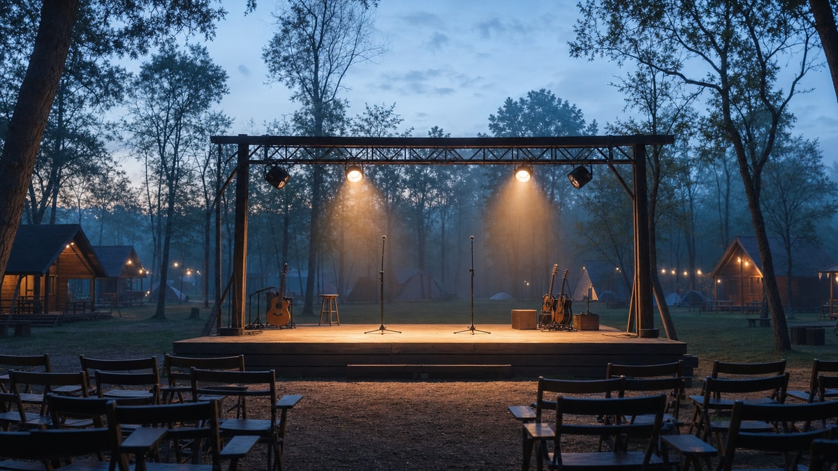 A expectativa por Camp Rock 3 Palco vazio de acampamento musical representa a expectativa por Camp Rock 3