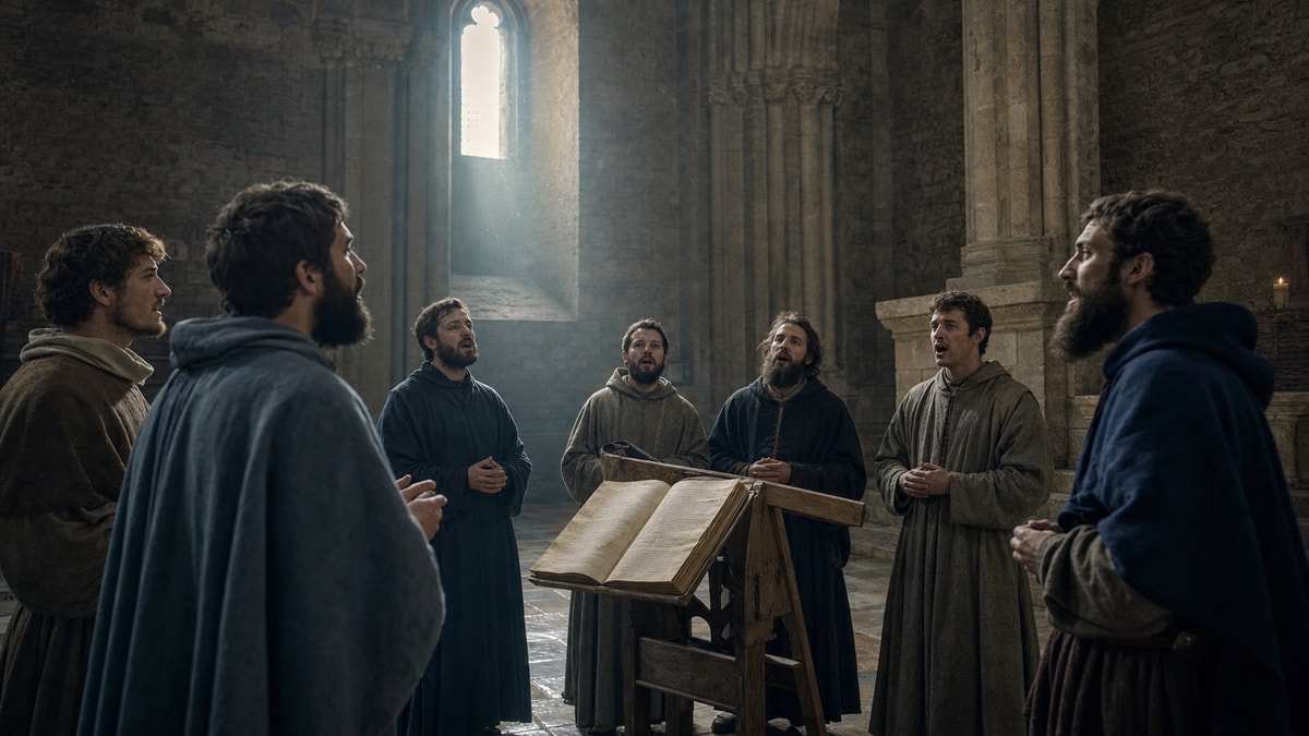 Do canto à polifonia Cantores reunidos em uma igreja medieval, representando o canto litúrgico e o desenvolvimento da polifonia