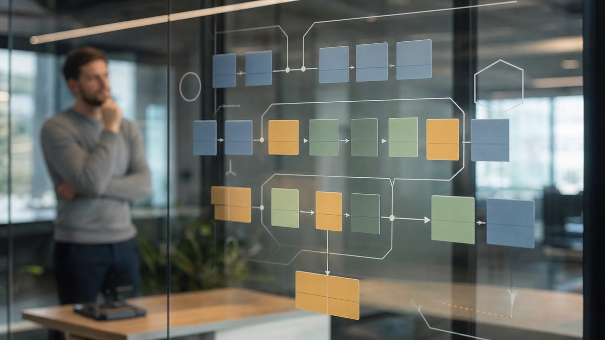 Painel de vidro com cartões modulares e linhas de conexão ilustrando as etapas do ciclo de vida de um sistema