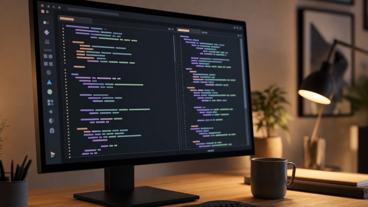 Integração do Claude Code em editor Monitor exibindo layout de editor de desenvolvimento com painel lateral e código em janela dividida.