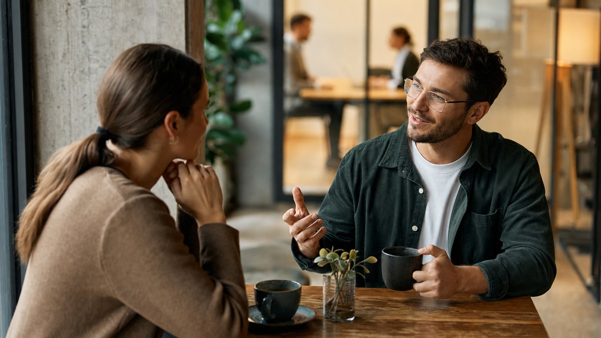 Como falar sobre profissão Duas pessoas conversando sobre trabalho em um contexto informal e profissional