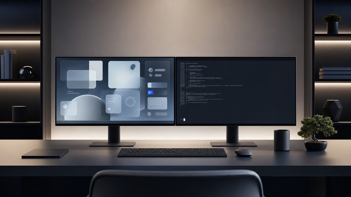 Comparação entre CLI e interface gráfica Dois monitores lado a lado contrastando elementos de interface gráfica com uma tela escura de linha de comando.