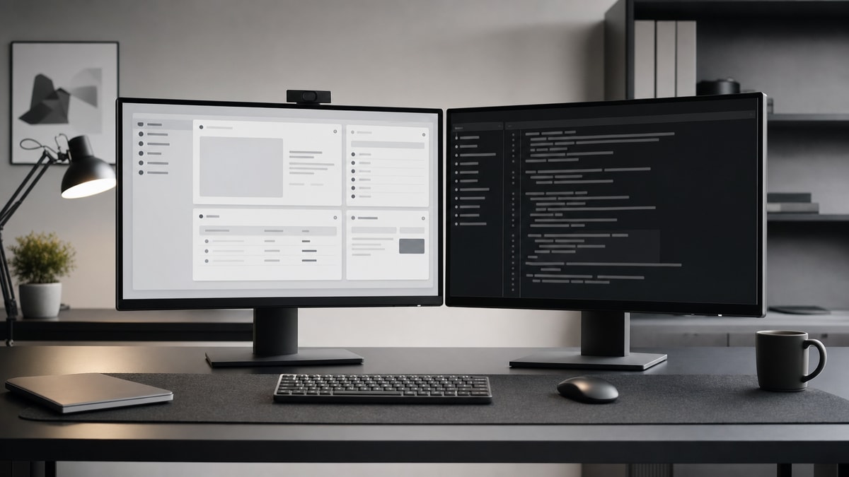 Dois monitores lado a lado em uma mesa de trabalho, um com interface gráfica e outro com terminal de texto.