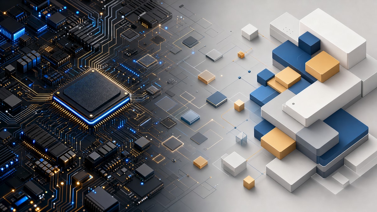 Comparação visual entre uma camada de programação próxima ao hardware e outra mais abstrata e legível