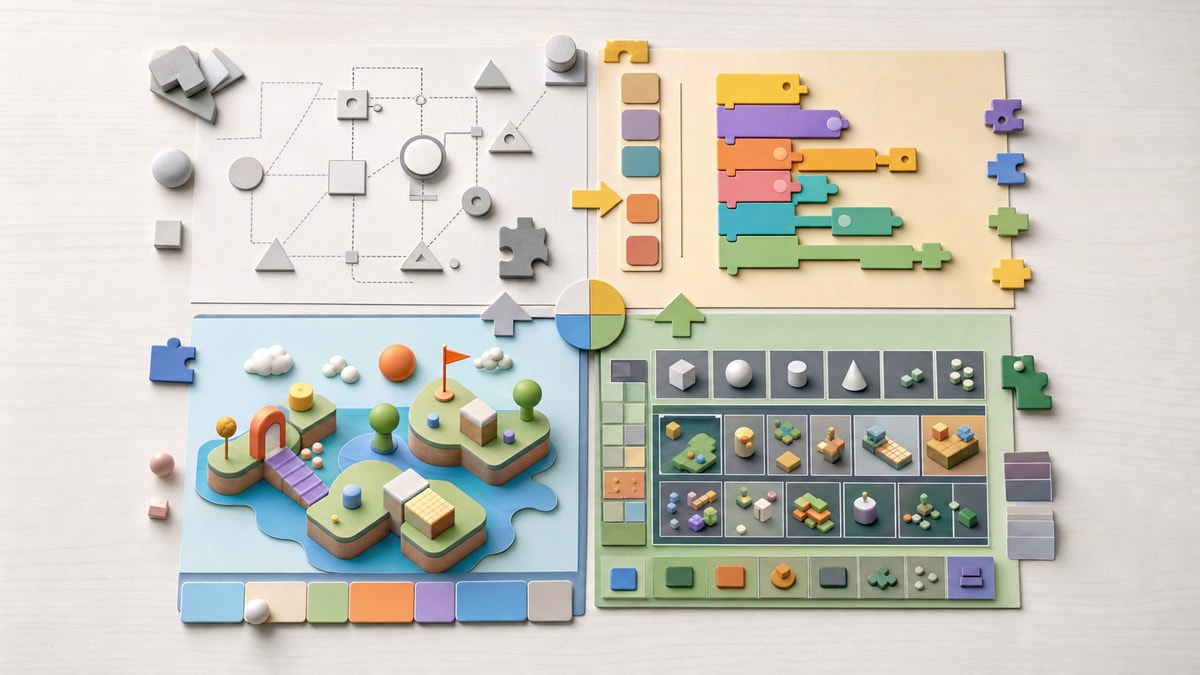 Comparação das ferramentas Composição visual comparando prototipagem, criação sem código, publicação e assistência em engines de jogos