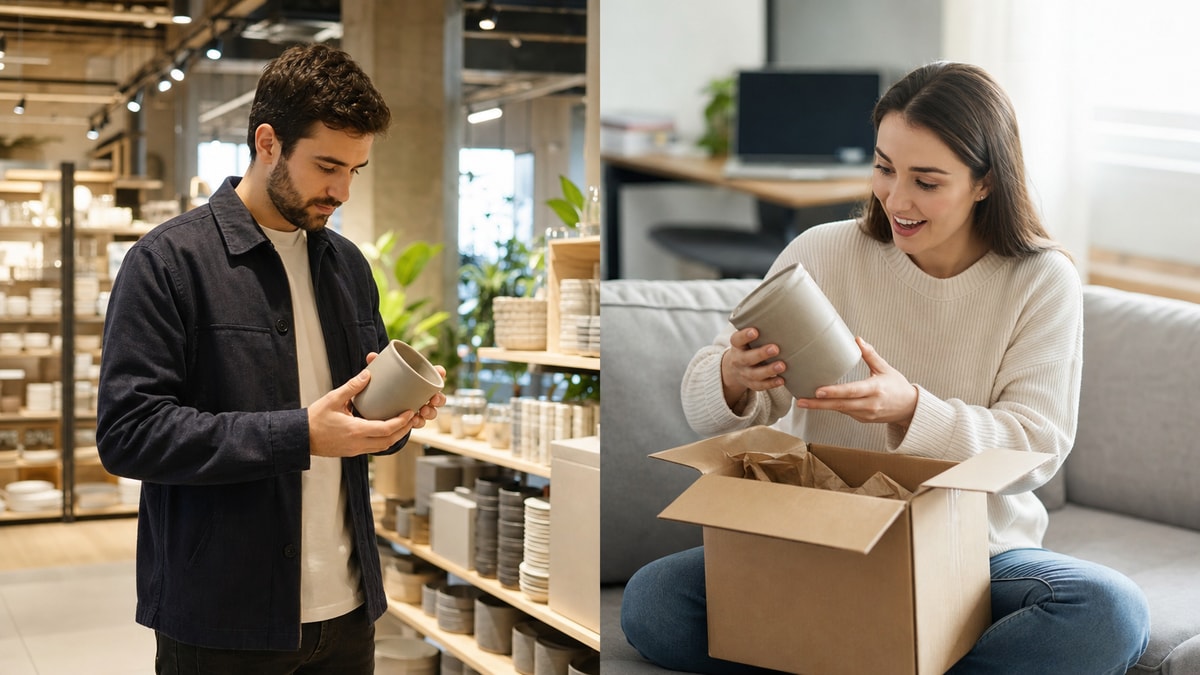 Compra online e loja física Comparação entre consumidor examinando um produto na loja e recebendo uma compra em casa