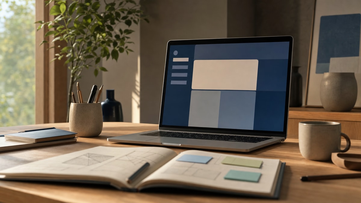 Mesa de trabalho de madeira com caderno de anotações e computador aberto, ilustrando a conexão entre planejamento e tecnologia.