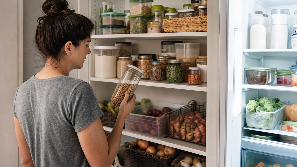 Conferência dos alimentos em casa Pessoa conferindo a despensa e a geladeira antes de montar o cardápio semanal
