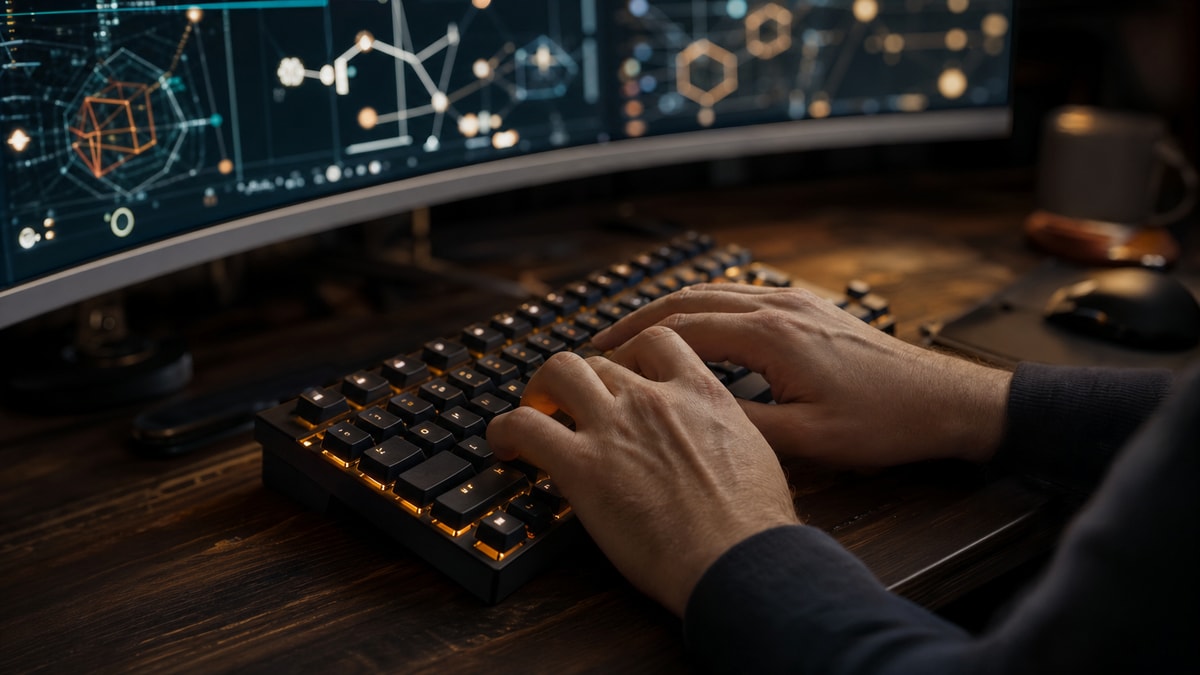 Plano detalhe das mãos de um profissional em teclado durante a montagem de requisições de rede