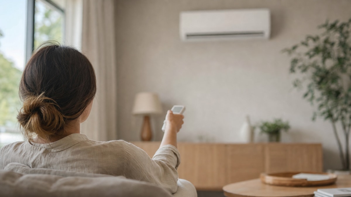 Configuração eficiente do aparelho Pessoa ajusta o controle do ar-condicionado em um ambiente residencial