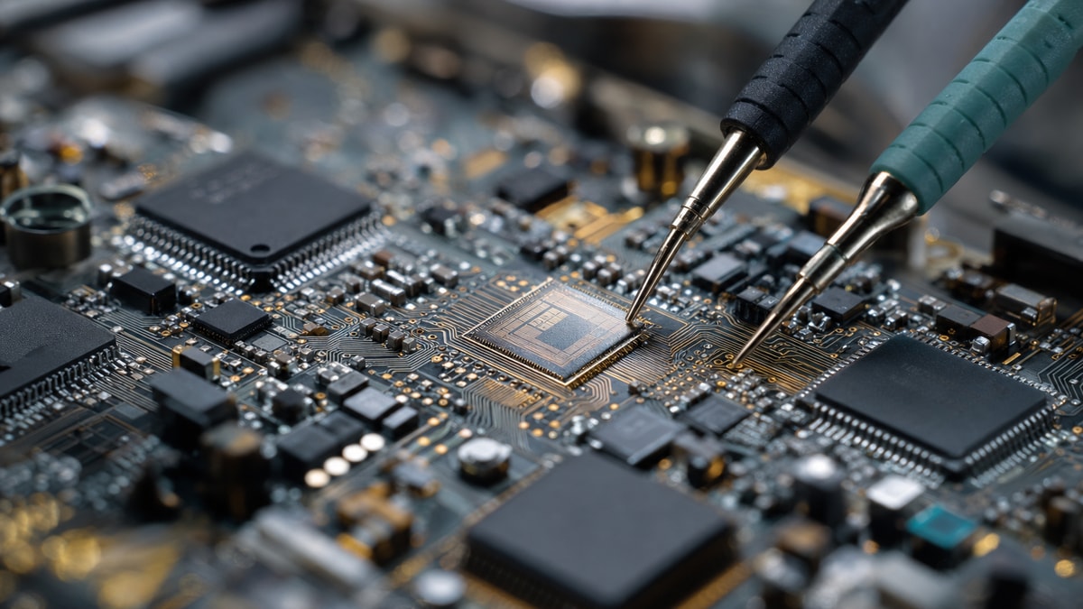 Controle de memória e hardware em linguagens de programação Placa de circuito impresso com componentes de memória e microcontroladores em bancada de engenharia.