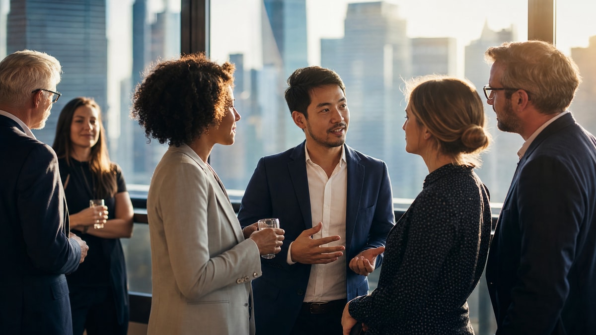 Inglês e crescimento profissional Profissionais de diferentes origens fazendo networking em um evento corporativo