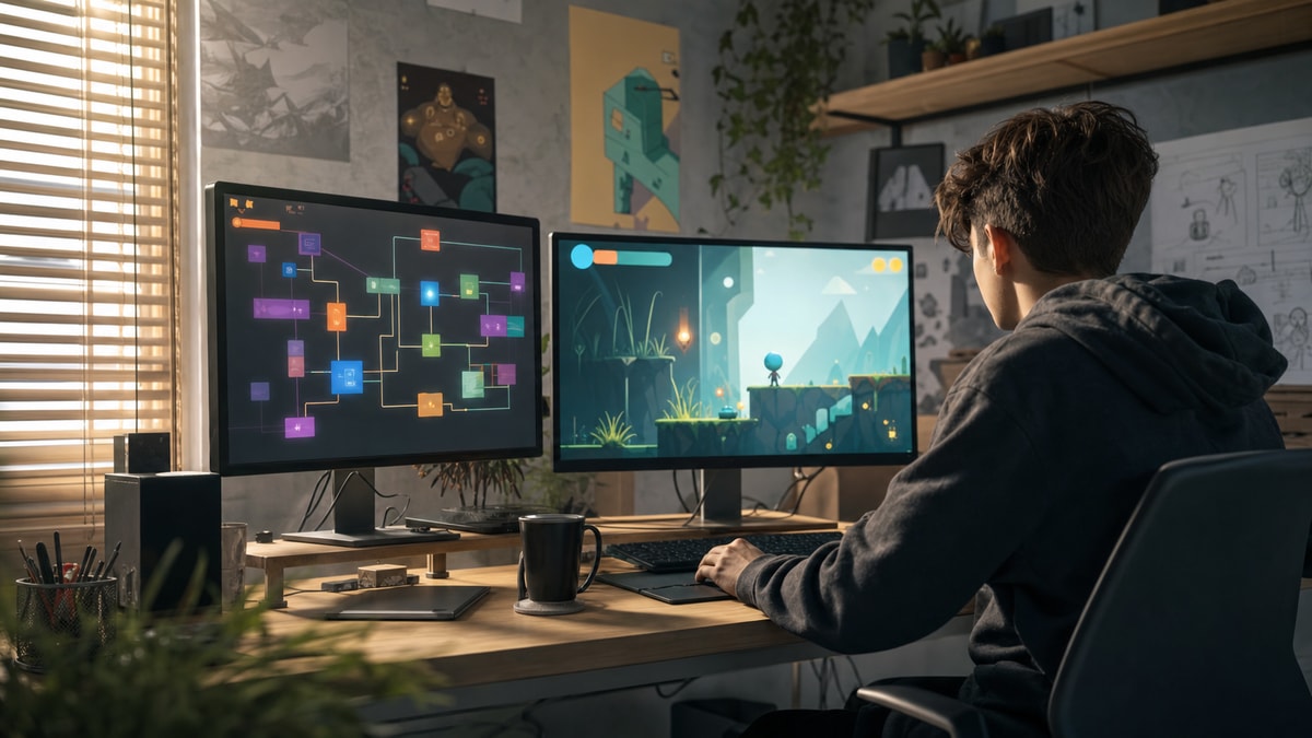 Criação sem código Pessoa organizando blocos visuais para criar um jogo sem programação tradicional