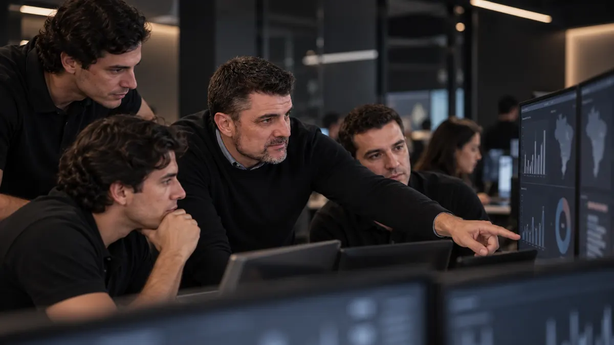Equipe de tecnologia analisando dados de supply chain e varejo