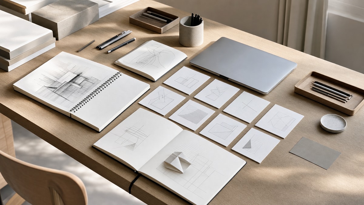 Critérios de seleção de ferramentas Mesa de planejamento técnico com cadernos de arquitetura e esboços abstratos para tomada de decisão em projetos.