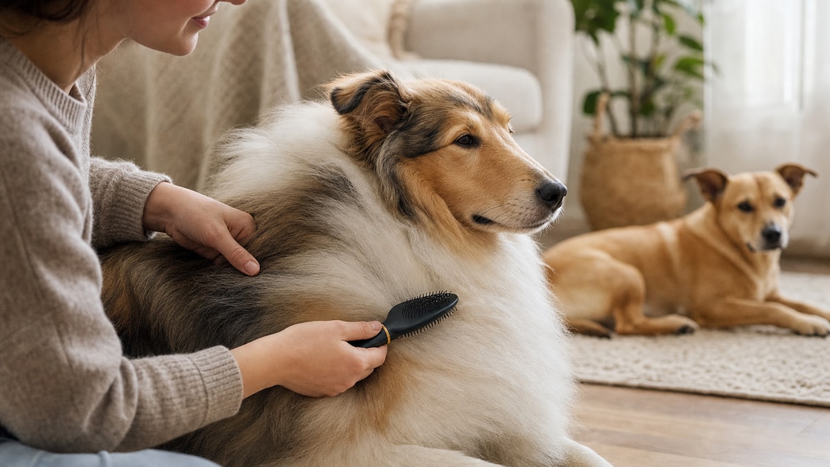 Cuidados com diferentes pelagens Cão de pelagem longa sendo escovado enquanto um cão de pelagem curta descansa
