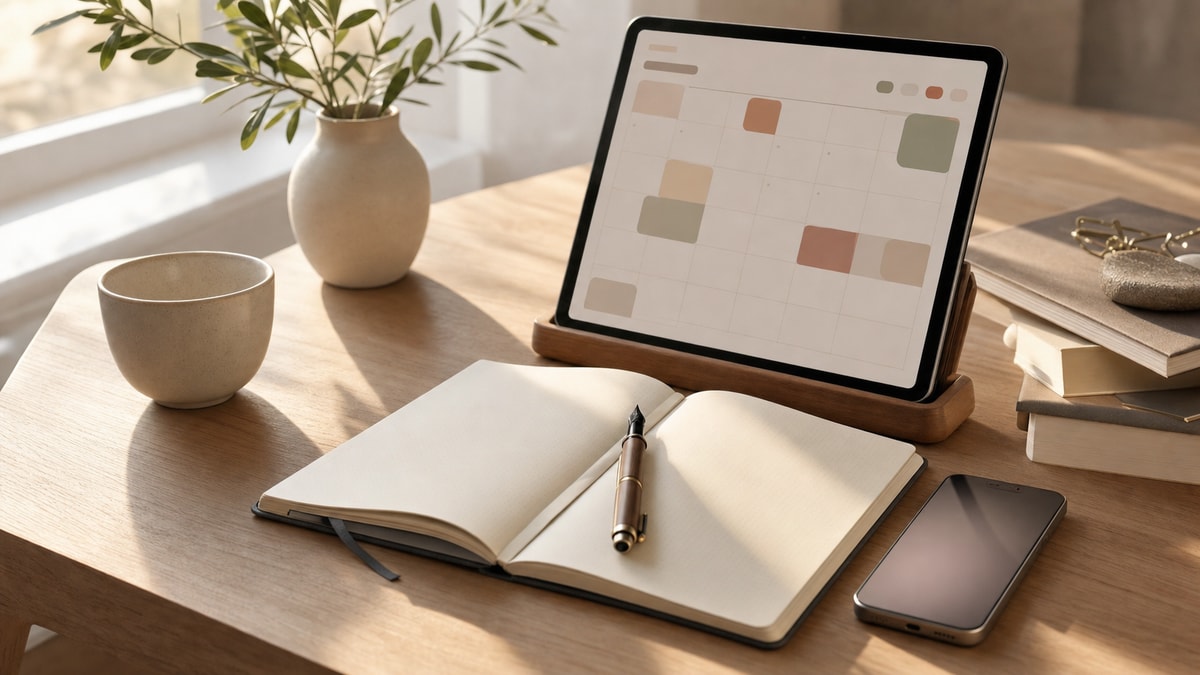 Mesa de trabalho com caderno de anotações e tablet organizando o acompanhamento de contatos profissionais.