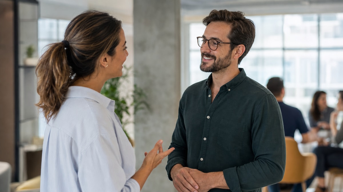 Cumprimentos e apresentações Duas pessoas se apresentando em uma situação cotidiana de conversa em inglês