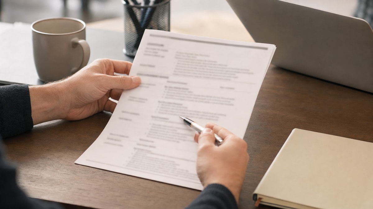 Currículo profissional sendo revisado para uma vaga administrativa em inglês