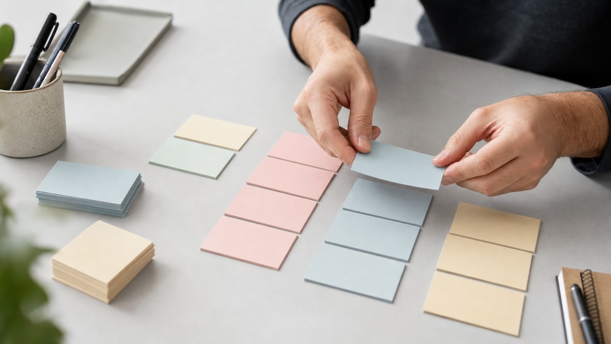 Mãos organizando blocos e cartões de papel em grupos estruturados sobre uma mesa, exemplificando o pilar da decomposição.