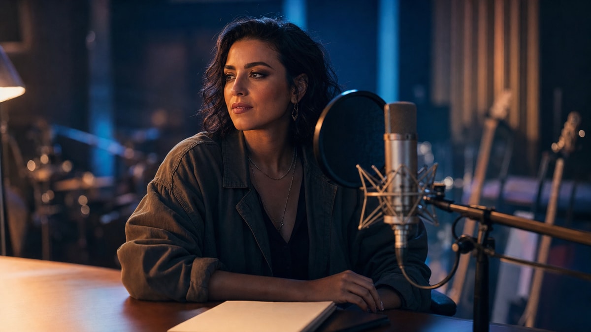 Da protagonista à produção Artista em estúdio entre equipamentos musicais e elementos de produção audiovisual