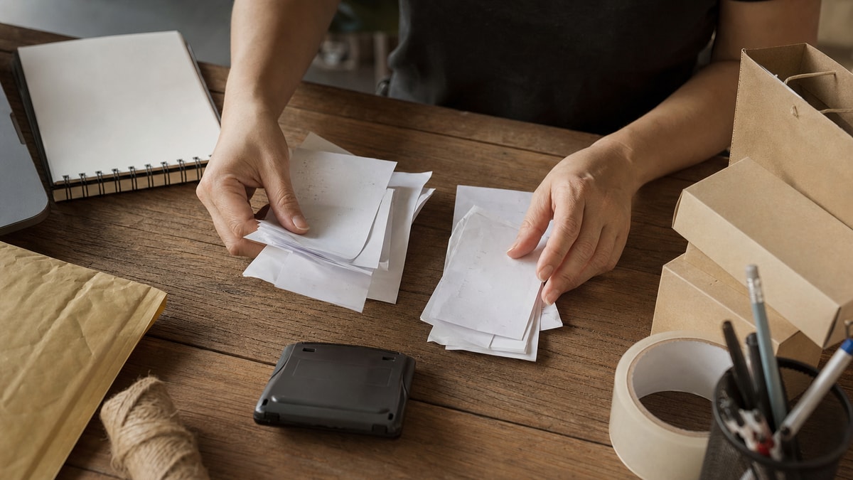 Desafios de gestão financeira Mãos organizam documentos e objetos de trabalho para controlar as finanças de um pequeno negócio.