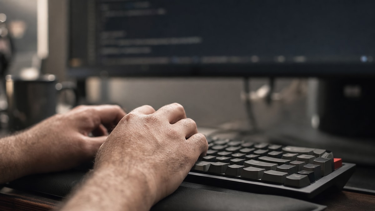 Diagnóstico do Python no terminal Mãos digitando em teclado ergonômico em frente a monitor com linha de comando em teste.