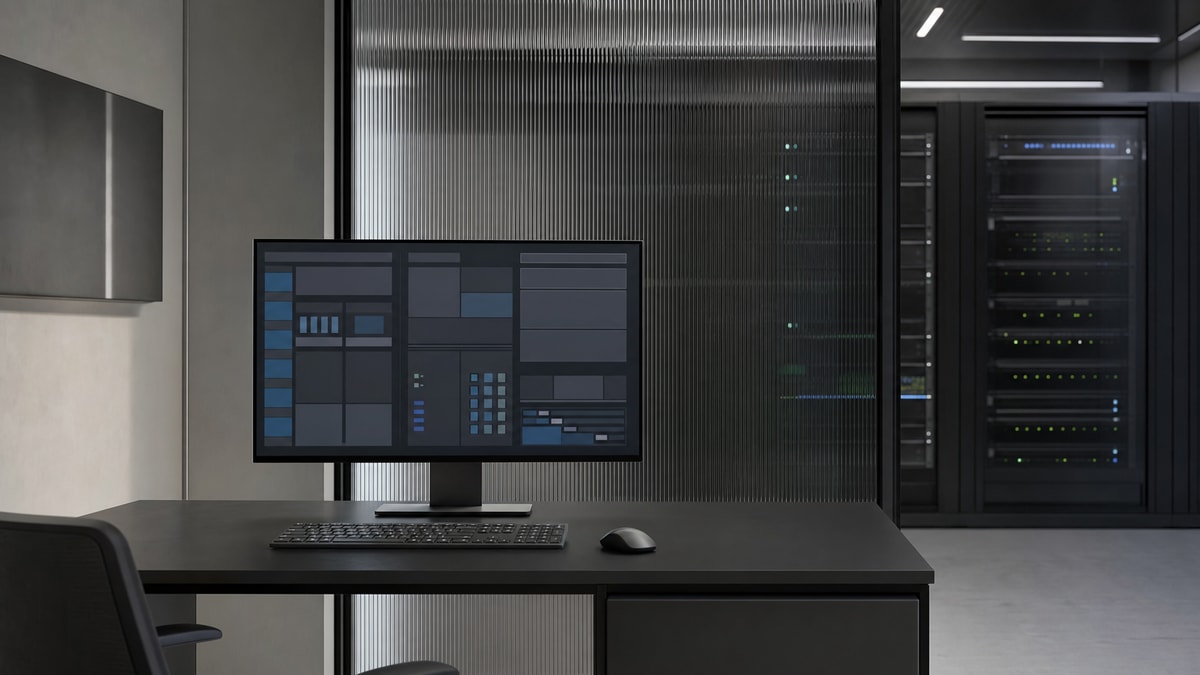 Relação entre banco de dados e sistema gerenciador Estação de trabalho com monitor exibindo painel abstrato de controle e servidores em segundo plano representando banco de dados e SGBD