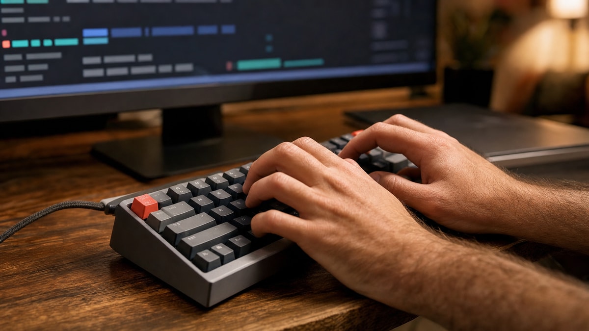 Mãos digitando em teclado com tela de terminal ao fundo, ilustrando a entrada de comandos.