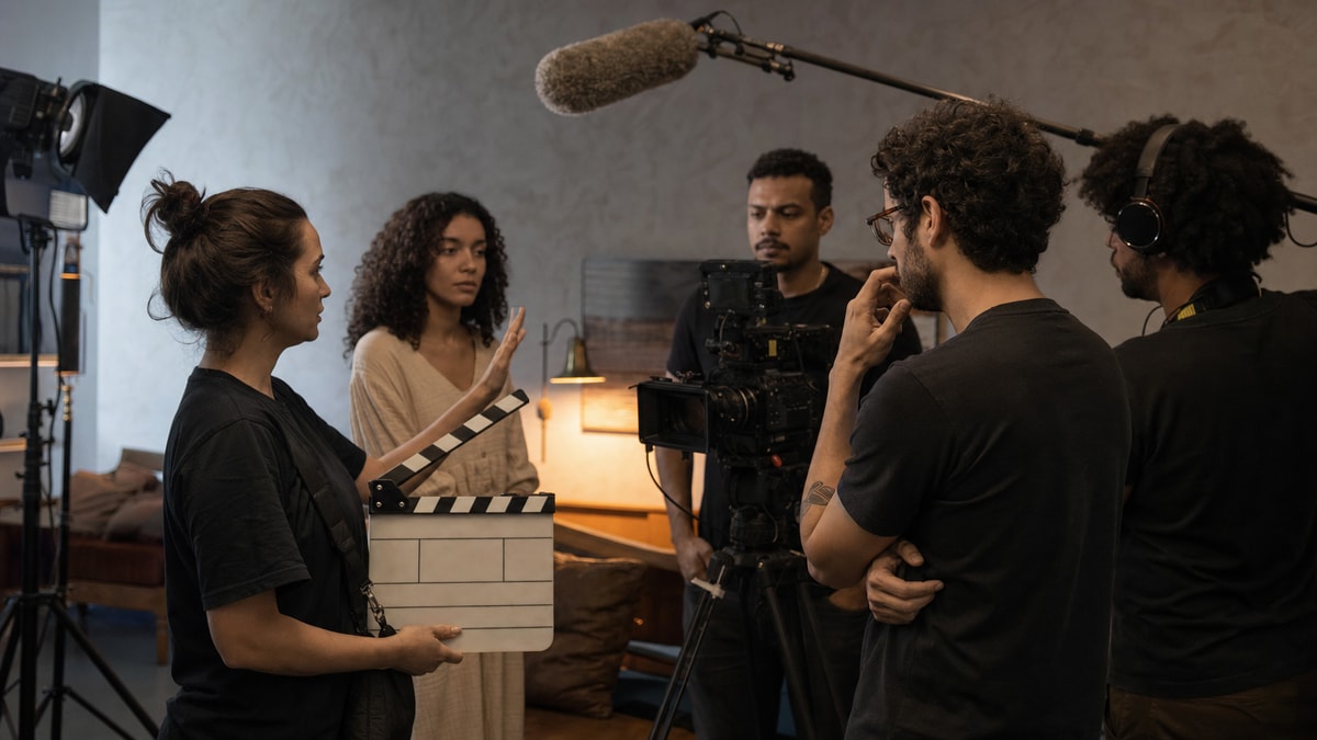 Diretor orienta elenco e equipe técnica durante a gravação de um curta-metragem.