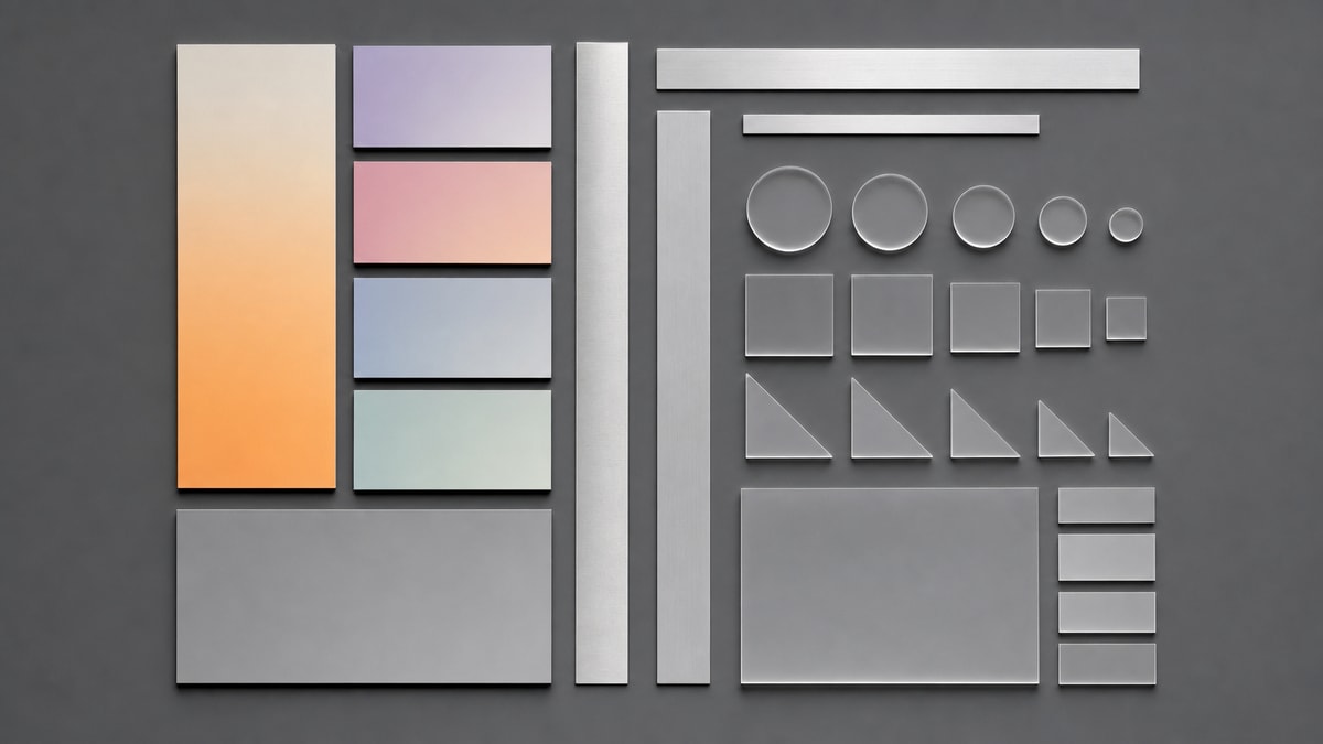 Componentes e elementos de interface Amostras cromáticas, réguas e peças modulares organizadas sobre mesa de design.