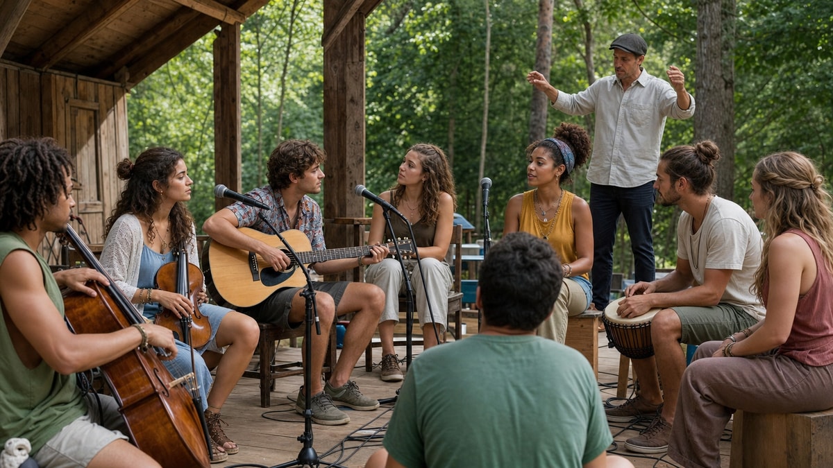 Elenco original Grupo de jovens ensaia música em um acampamento de verão