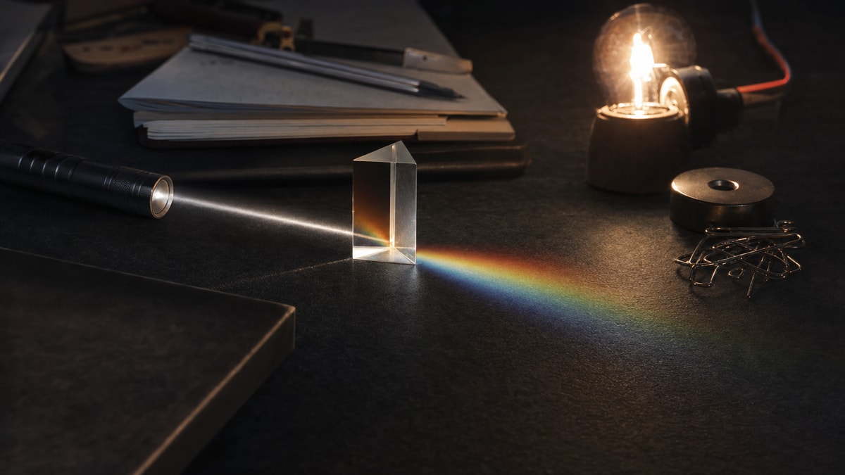 Luz e eletricidade Lâmpada, ímã e prisma dispersando luz em uma bancada para representar eletromagnetismo e óptica