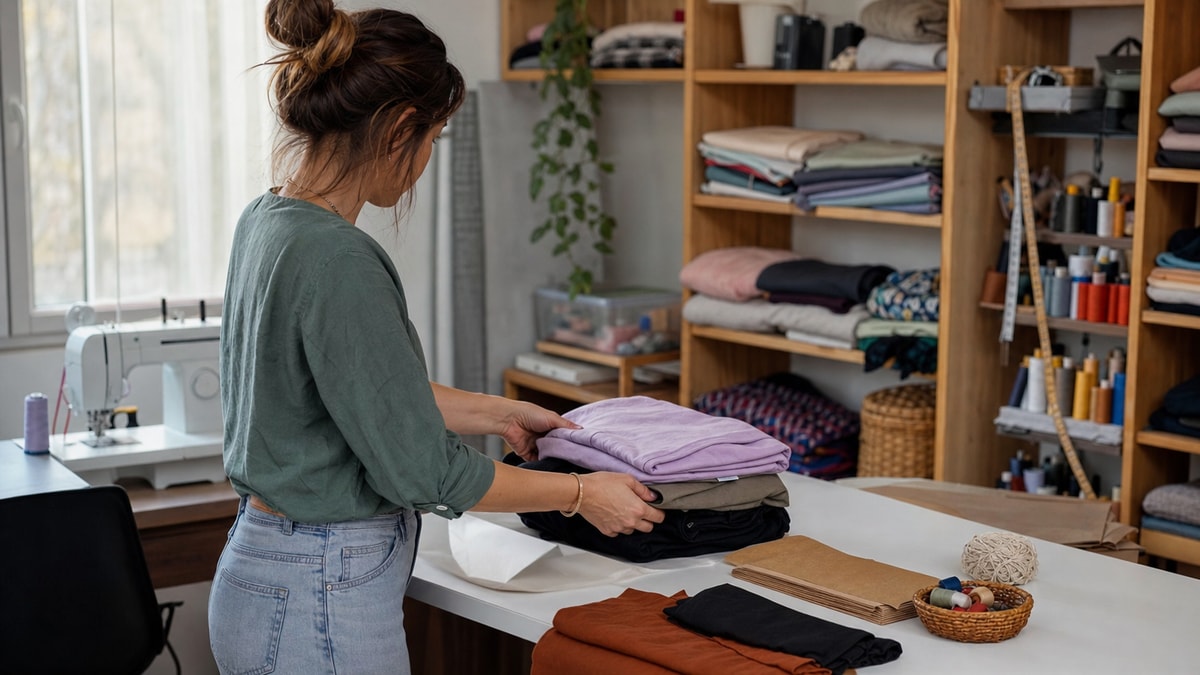 Negócio individual em pequena escala Empreendedora organizando peças de roupa em um pequeno ateliê de trabalho autônomo