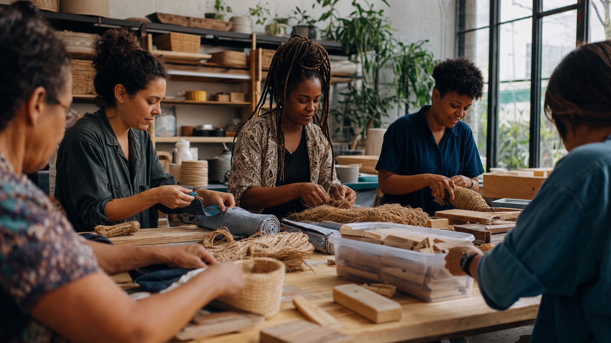 Empreendedorismo de impacto Grupo trabalhando em uma oficina cooperativa com materiais reaproveitados e produção de baixo impacto
