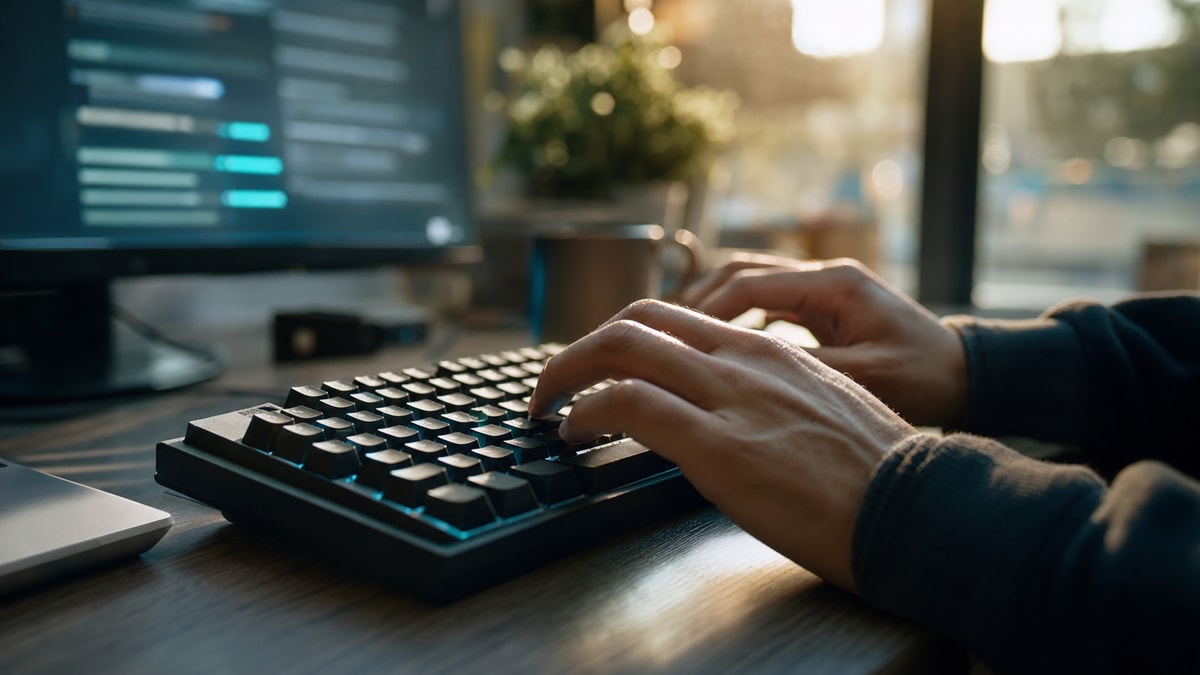 Execução e acompanhamento de rotinas de teste Mãos de especialista digitando em teclado durante execução e monitoramento de testes de software.