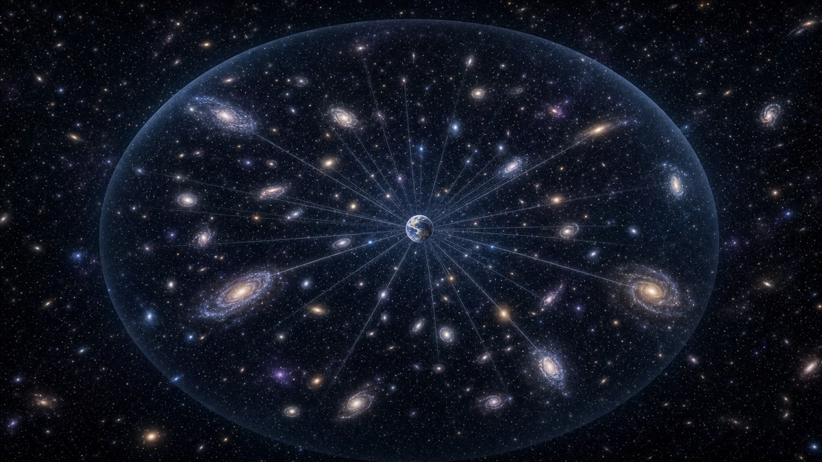O horizonte de observação Esfera de observação centrada na Terra com galáxias além do alcance atual dos sinais