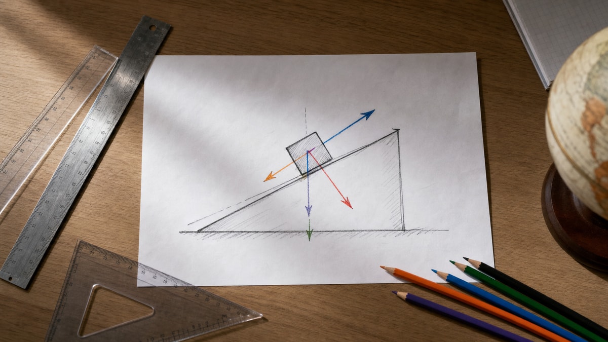 Representar o problema Esquema visual de um objeto em plano inclinado com direções de força indicadas