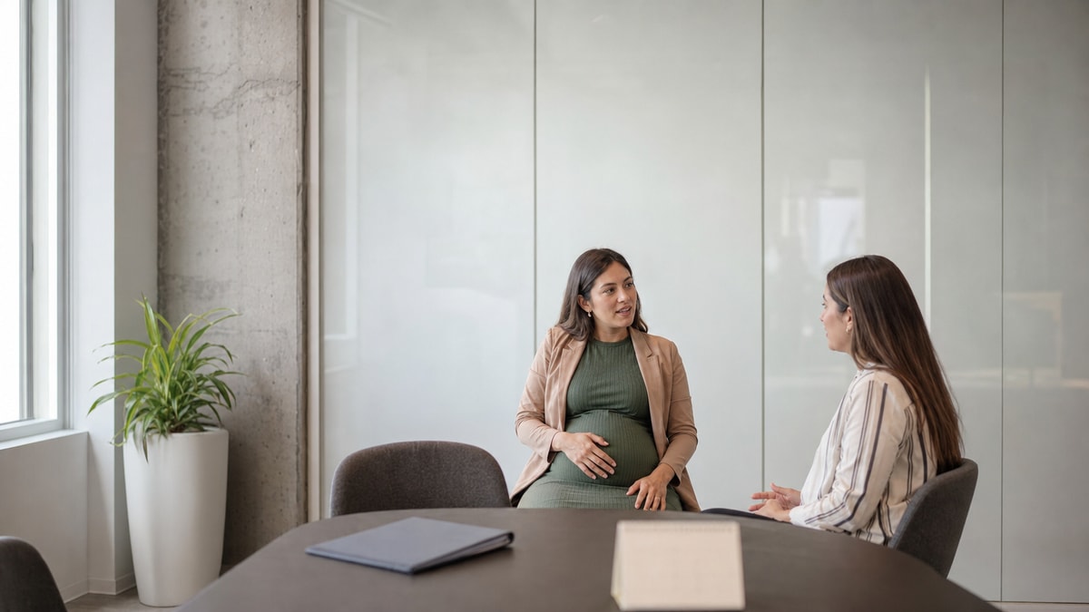 Estabilidade no emprego Trabalhadora grávida em conversa profissional sobre sua continuidade no emprego