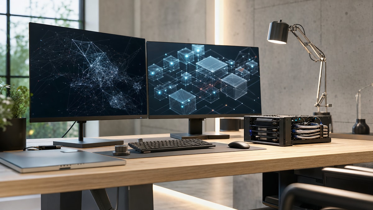 Ambiente de desenvolvimento para jogos e sistemas corporativos Estação de trabalho com múltiplos monitores exibindo simulações tridimensionais abstratas e protótipos de engenharia de software.