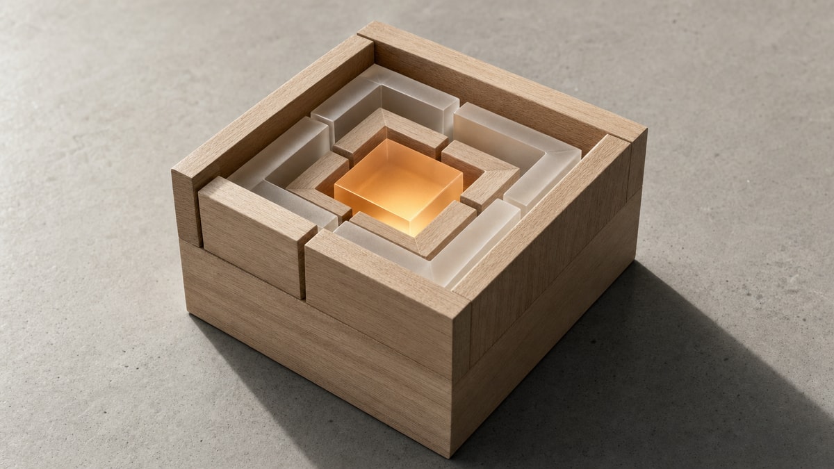 Estrutura modular de código Blocos modulares geométricos encaixados representando a estrutura de classes e métodos em programação.