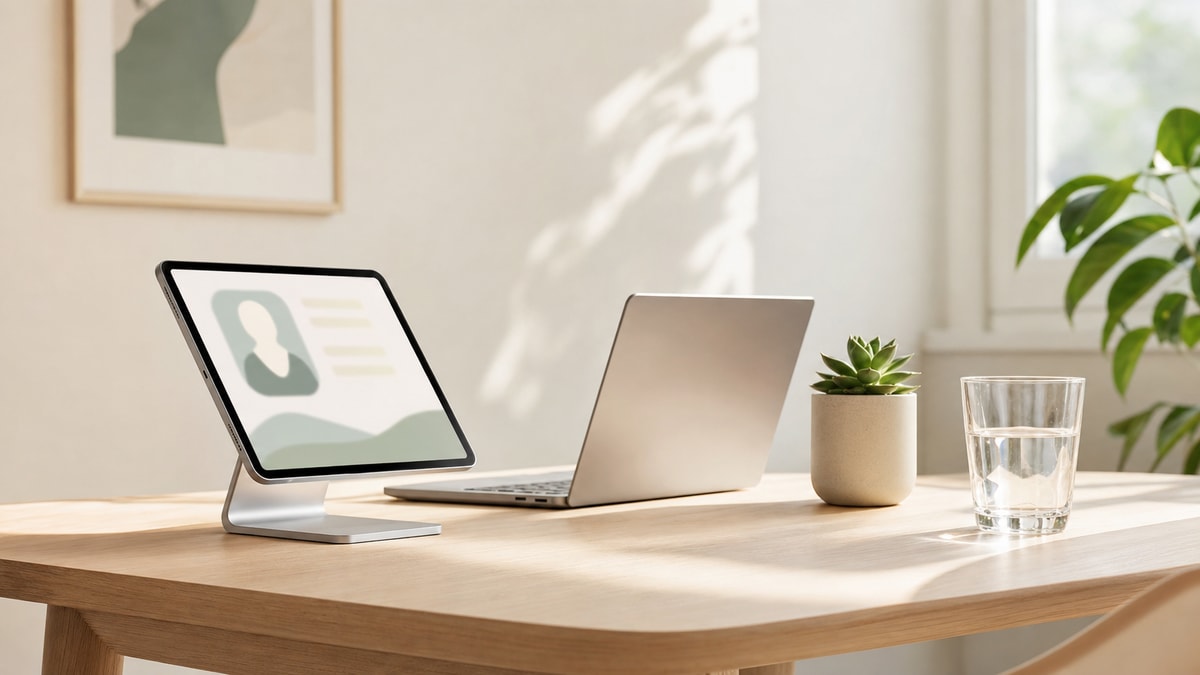 Estrutura essencial de perfil e contato Estação de trabalho organizada com tablet exibindo layout conceitual de apresentação pessoal e contato