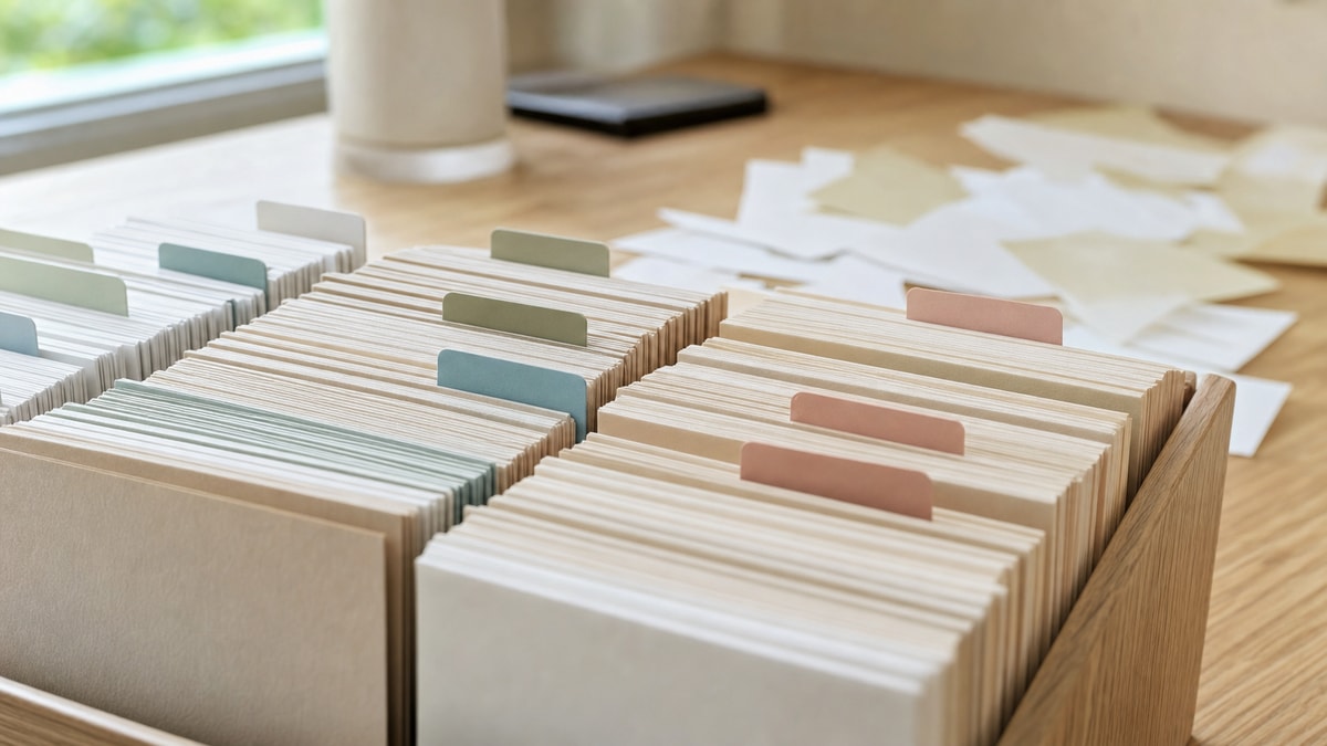 Fichas de papel grosso organizadas metodicamente em colunas sobre mesa de madeira com luz lateral suave
