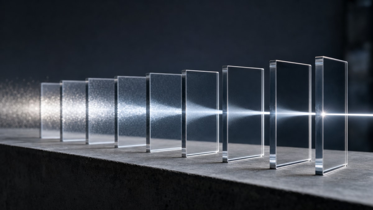 Etapas do processamento de dados Estrutura modular linear com módulos translúcidos alinhados que refinam a passagem da luz, representando etapas sucessivas de processamento.