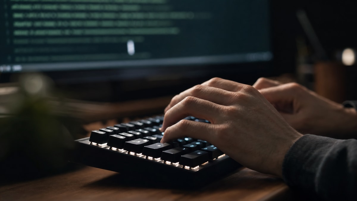 Execução do comando no terminal Mãos digitando em teclado mecânico com tela de terminal desfocada ao fundo.